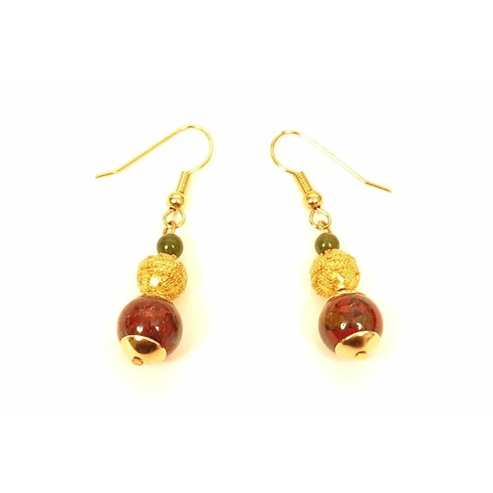 Vintage Beautiful Red &‎ Green Jasper Gemstone Bead Gold Drop Earrings